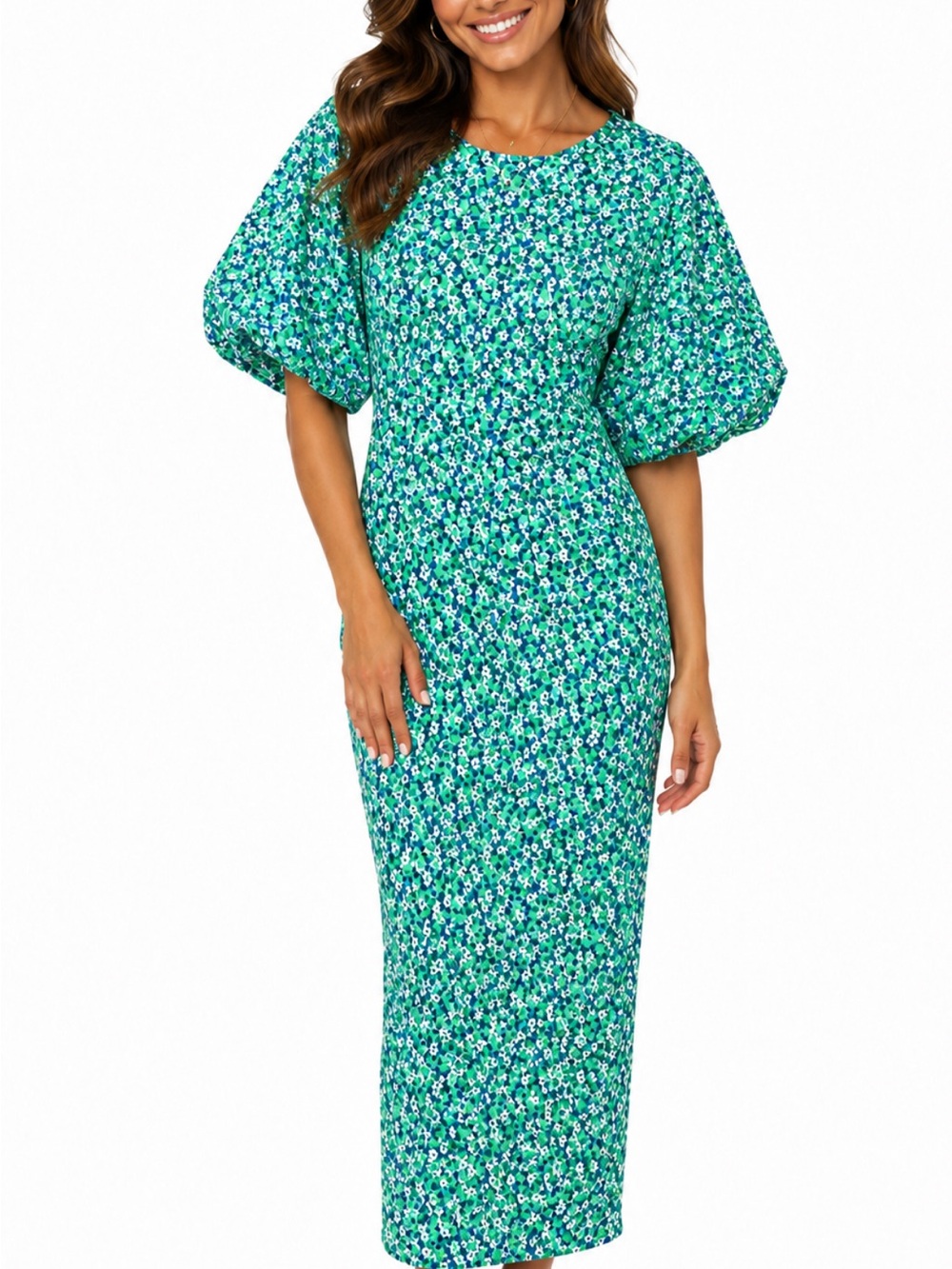 Green Floral Puff-Sleeve Midi Dress